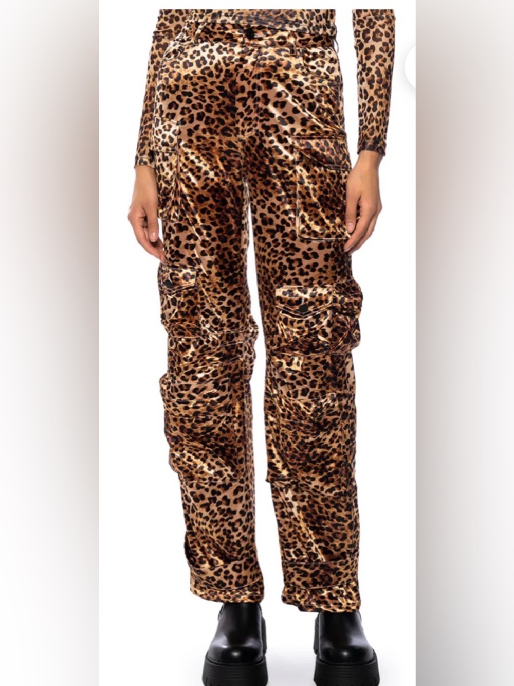 AKIRA Leopard Print Flared Cargo Pants - Brown & Black - Picture 2 of 5